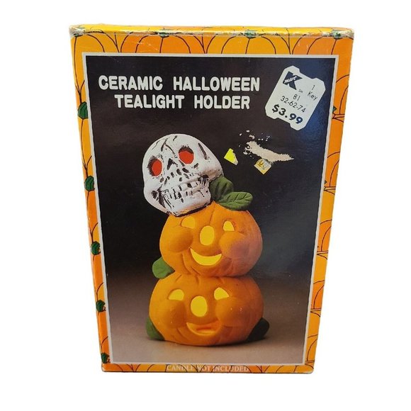 Vintage Pumpkin Time Ceramic Halloween Tealight Holder Skull Jack o' Lantern - Picture 5 of 6
